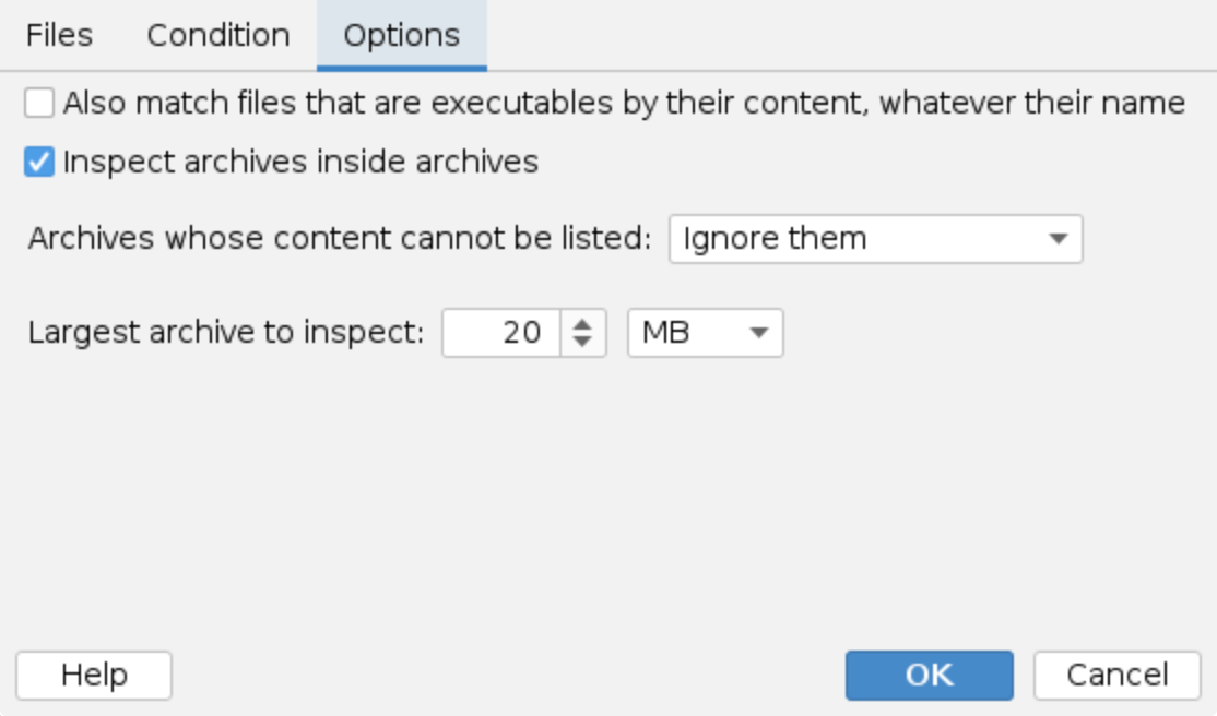 Archive content, Options tab