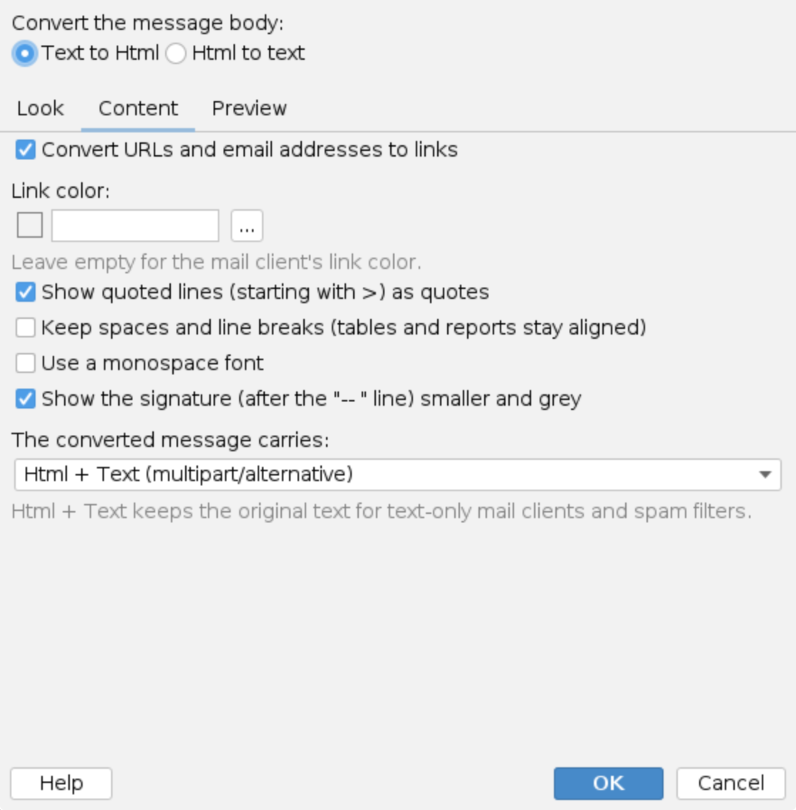 Change message format, Content tab