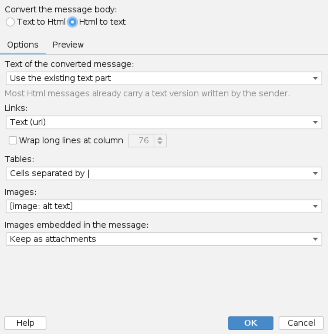 Change message format, Options tab