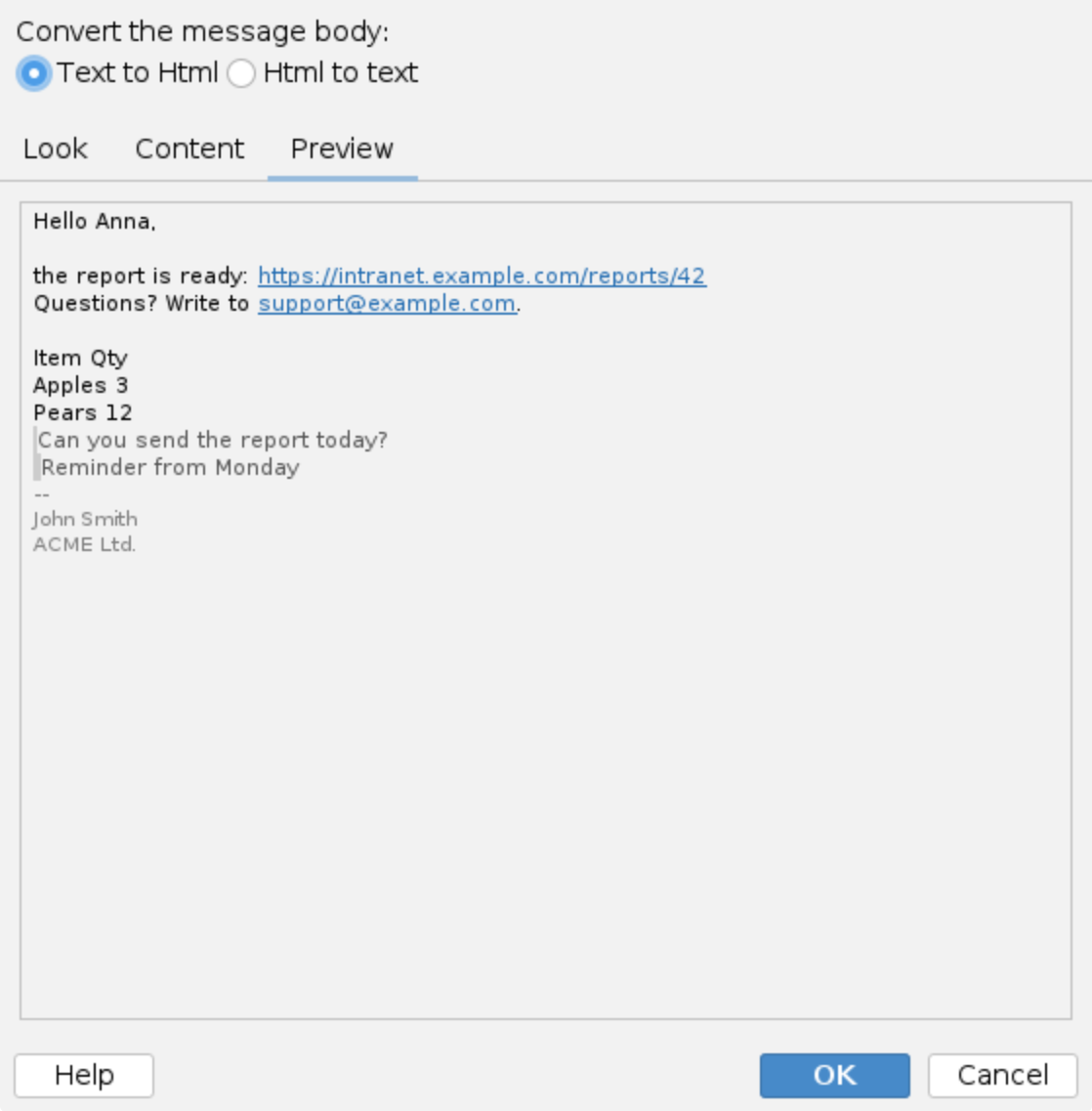 Change message format, Preview tab