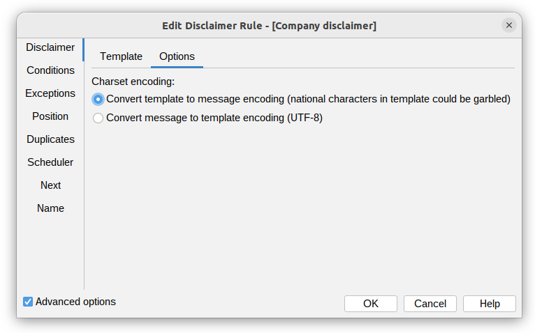 Disclaimer Rules options