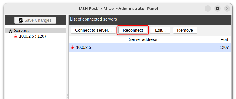 Reconnect button on Servers page