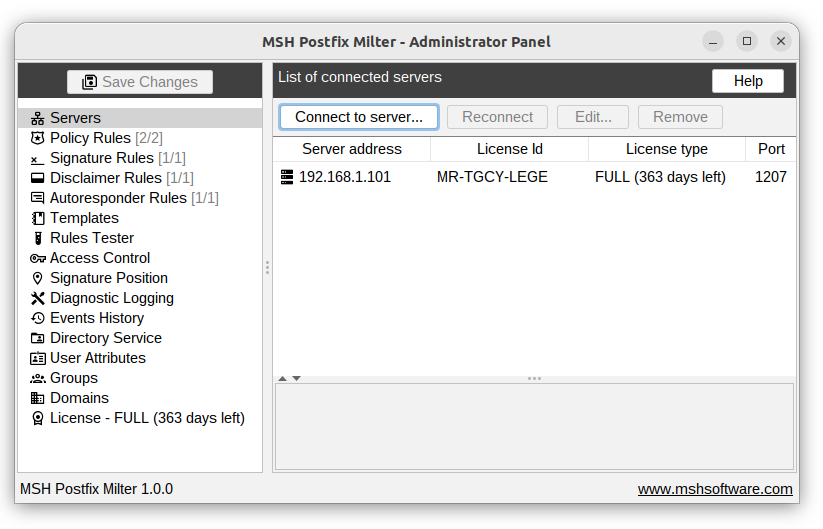 List of connected servers panel