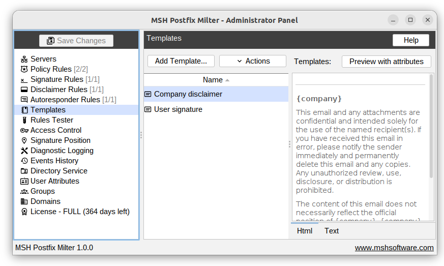 Templates panel